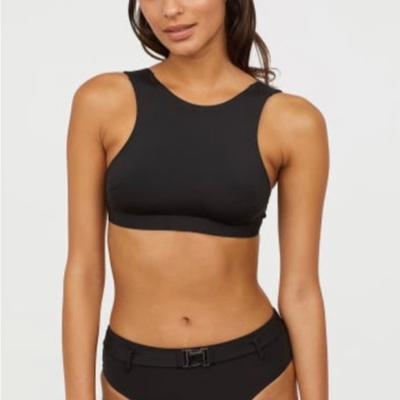 H&M Black High Neck Crop Top Bra Bikini Top Buckle at the Back Sz 4 - Picture 1 of 5